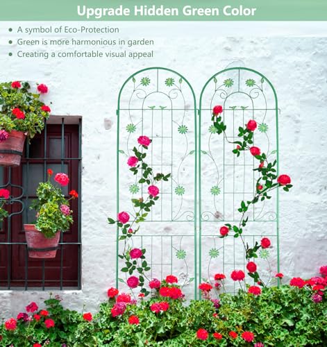 2 Pack Metal Garden Trellis 86.7" H Garden Fence Rustproof Trellis for Climbing Plants Support Roses Flower Outdoor Lawn Green (Green-2PCS-Flower / 86.7")