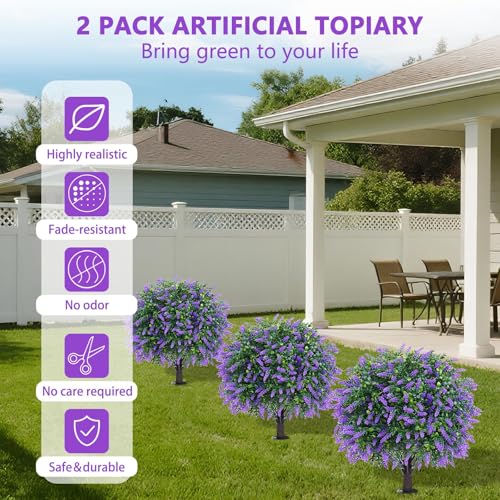 4Pack Fake Lavender Topiary Ball with Boxwood Leave & Ground Spike (Lavender-4pcs)