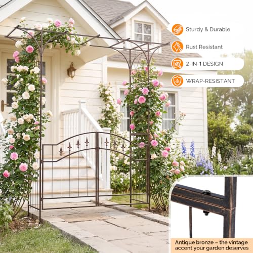 Garden Arbor Arch for Wedding Ceremony Party (Flat Top with Gate,Bronze)