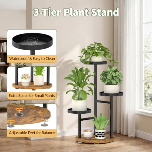 Corner Plant Stand Indoor Shelf Tall with Lights (Matte Black - Brown with Light / 3 Tier)