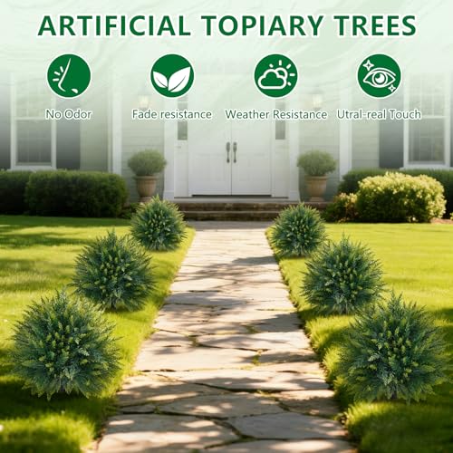 Artificial 4 Pack Cedar Topiary Trees with Ground Spike for Porch Decor (Cedar Ball 4pcs)