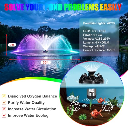 Pond Fountain Aerator F4 With 4 RGB Lights 1HP 750W Floating Pump (Black D)