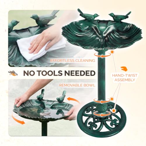 Pedestal Bird Bath with Solar Fountain (Green Shell)