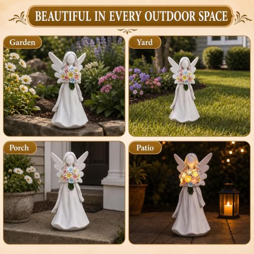 Solar Angel Garden Statue with Glowing Flowers (White)