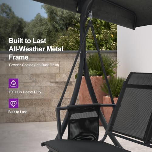 3 Seat Outdoor Porch Swing with Adjustable Canopy (Gray(textilene) / Porch Swing)