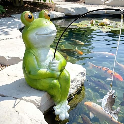 9.5" Frog Fishing Garden Sculptures & Statues
