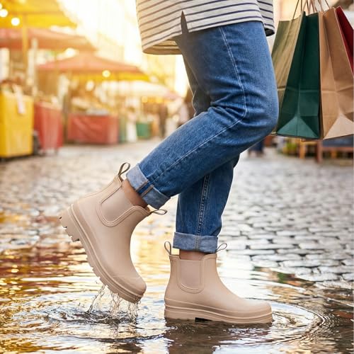 Women's Short Rain Boots Waterproof Ankle Chelsea Boots (8.5 / Nude)