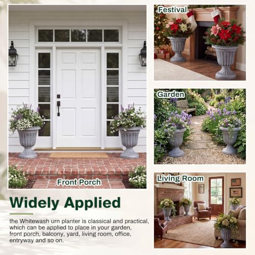 4 Pcs 16 x 18 Inches White Wash Plastic Urn Planter Classic Flower Pots Front Porch Planters Indoor Outdoor Planters with Pedestal for Wedding Party Bridal Shower Garden Patio Porch (16 x 18 Inches / White Wash)
