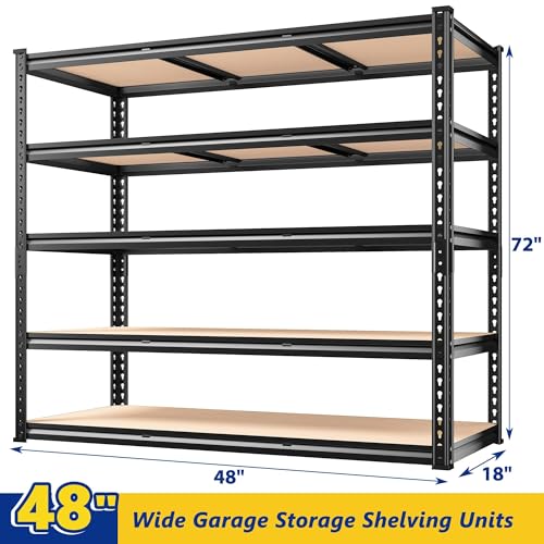 48" W Garage Shelving 3000LBS Storage Shelves 5 Tier Industrial Shelving Adjustable Metal Storage Shelves for Garage (48" W x 72" H x 18" D)