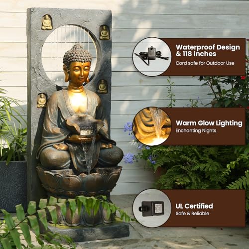 Large Buddha Water Fountain Waterfall Outdoor Indoor with LED Light (Gray / Water Fountain - 43 inches)