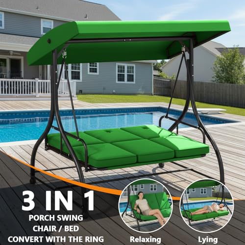 3 Seat Patio Porch Swing with Adjustable Canopy and Stand (Green / without cup holder)
