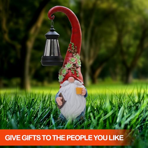 Solar Coffee Gnome Garden Statue with Lantern (Red Hat Gnome 13.39in)
