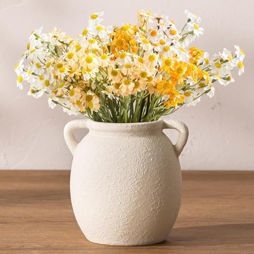 Ceramic Flower Small Vase 6 inch Farmhouse Rustic Vase Decorative Pottery Terracotta Vases for Home Decor Table Mantle Fireplace Living Room Bathroom Wedding Centerpiece (S-antique Off White)