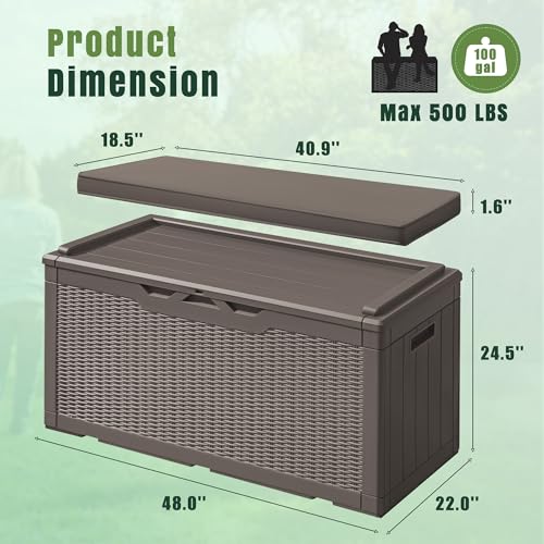 100 Gallon Resin Deck Box Large Outdoor Storage with Cushions for Patio Furniture (Brown / 100 Gallon)