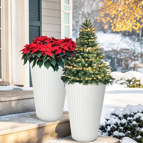 Autodaya 20" Tall Fluted Resin Planters Set of 2 with Drainage Holes (White Fluted-20"h)
