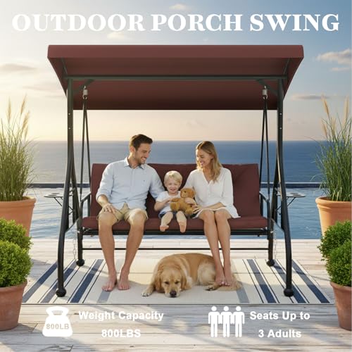 3 Seat Patio Porch Swing with Adjustable Canopy and Stand (Brown / with cup holder)