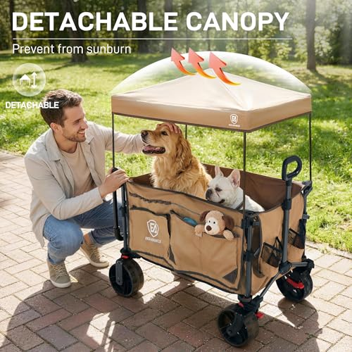 Folding Push Wagon with Canopy (Khaki)