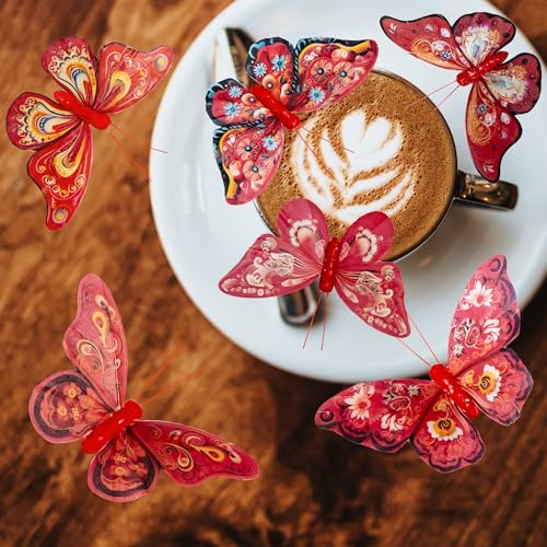 Artificial Feather 3D Butterfly Party Decorations Set of 12 with Clip 6 Color Red Series Ornaments for Christmas Tree (F Clip)
