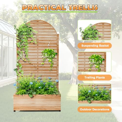 Metal Raised Garden Bed with Trellis and Wheels (Acacia Wood Grain-louvered / 71" x 35" x 16")