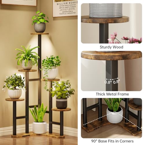 Corner Plant Stand Indoor with Grow Lights 6 Tiered Corner Plant Shelf (Rustic Brown(with Lights) / 6 Tier-Round)