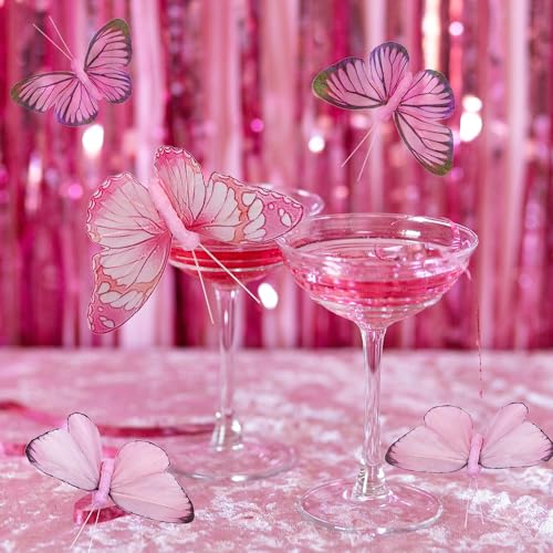 Artificial Feather 3D Butterfly Party Decorations Set of 12 with Wire 6 Pink Color Ornaments for Christmas Tree (A Wire)
