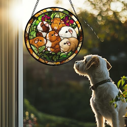 Guinea Pig Family Garden Stained Glass Window Hanging Suncatcher Gifts 15" (Brown and White / 15x15 IN)