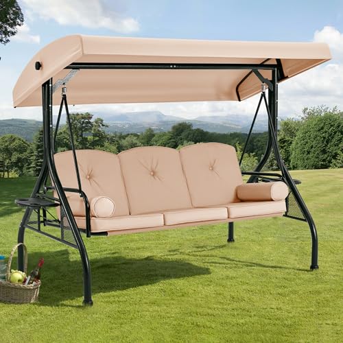 3 Seat Porch Swing with Adjustable Canopy (Khaki)