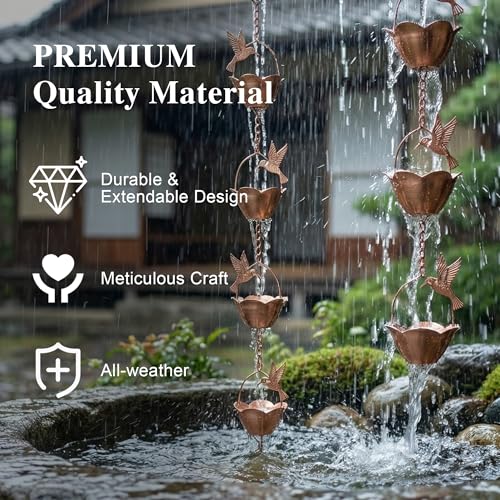 Rain Chain for Gutters (Flower Cups with Hummingbird)
