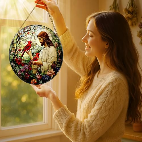 8 Inch Jesus with Cardinals Suncatcher Ornament (Jesus-c)
