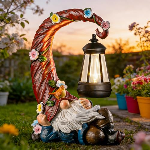 Garden Gnomes Outdoor Statue with Solar Light (Red-gnome)
