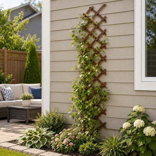 Wood Trellis for Climbing Plants Outdoor (Brown-4PC / 13" x 68")
