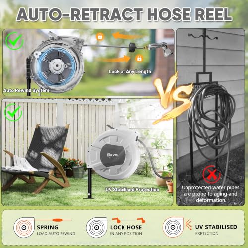 Automatic Retractable Garden Hose Reel on Metal Spike (Light Grey / 5/8"×65FT)
