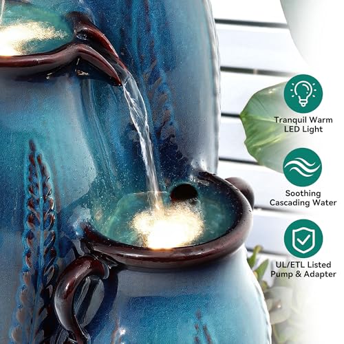 30" Ceramic Vase Water Fountain Outdoor with LED Lights (Turquoise Cascading Vase 29.5"h)