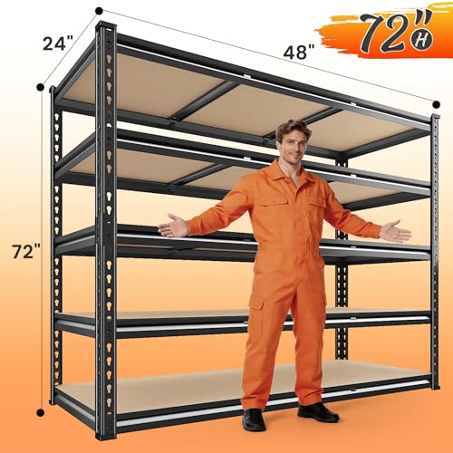 48" W Garage Shelving 3080LBS Storage Shelves 5 Tier Industrial Shelving Adjustable Metal Storage Shelves for Garage (48" W x 72" H x 24" D)