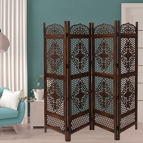Room Divider Wooden Foldable Hand Carved Screens Panel_80" Wx72 H_4Panel (Burnt / 80"W x 72"H - Minar)