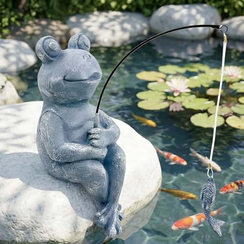 9.5" Frog Fishing Garden Sculptures & Statues (Gray)
