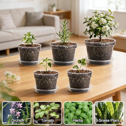 15 Pack 8/7/6 Inch Clear Nursery Pots with Saucer, Transparent Plastic Plant Pot with Drainage Hole, Sturdy Planting Starter Pots for Gardening Flower Herb Vegetable (Clear / Mix 6/7/8 Inch 15 Pack)