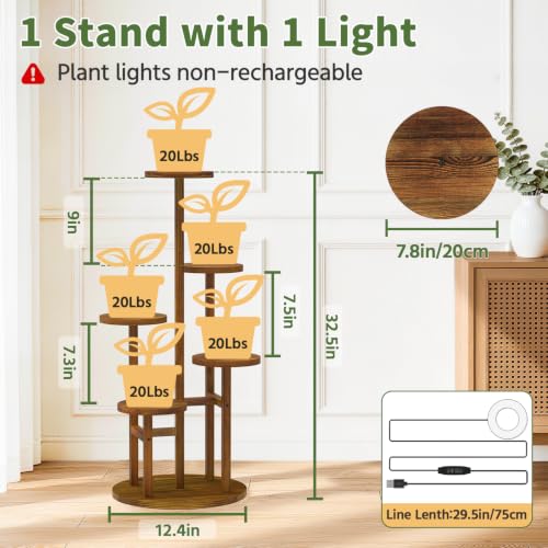 Wood Small Plant Stand Table Indoor Tall with Lights (Natural Brown with Light / 5 Tier)