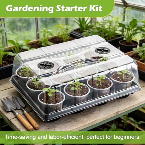 5 Pack 12 Cell Nursery Pot Trays with Adjustable Humidity Domes & 4 Inch Clear Pots 60 Pack (Black + Clear / 4 Inch 60 Pack Pots With 5 Pack Trays with Domes)