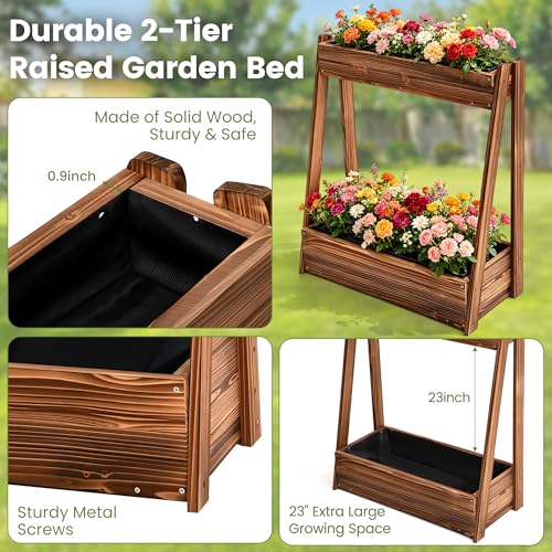 36" 2 Tier Freestanding Elevated Wooden Raised Garden Bed (36" H Garden Bed-carbonized Wood Color)
