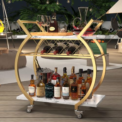 Gold Bar Cart with Wheels (Gold White Marble)