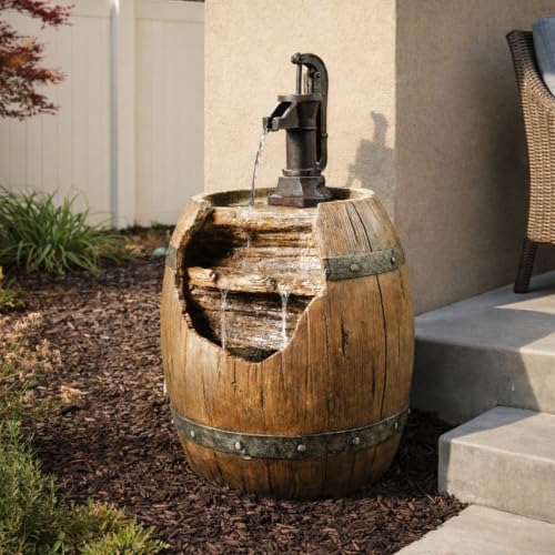 Vintage Barrel Waterfall Fountain with Pump for Outdoor Patio Garden Backyard Decking (Dark Wood)
