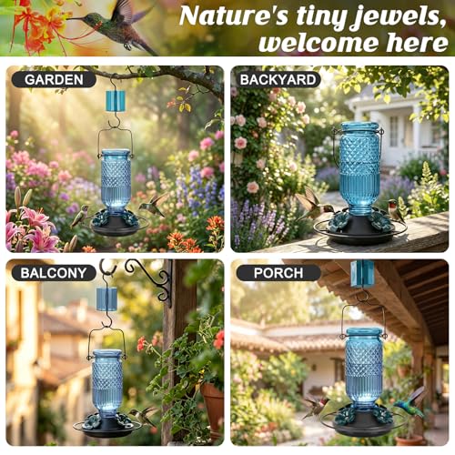 Glass Hummingbird Feeder for Outdoors Hanging (Blue)