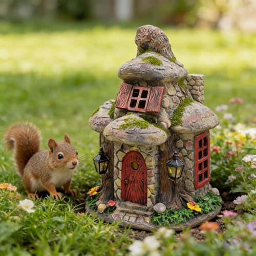 Fairy Garden House Statue with Solar LED Lights (Mossy Gnome Cottage)