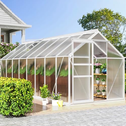6x16FT Polycarbonate Greenhouse Heavy Duty Green Houses Outdoor Aluminum Greenhouses with Sliding Doors Vent Window Walk (Silver / 6x16FT)