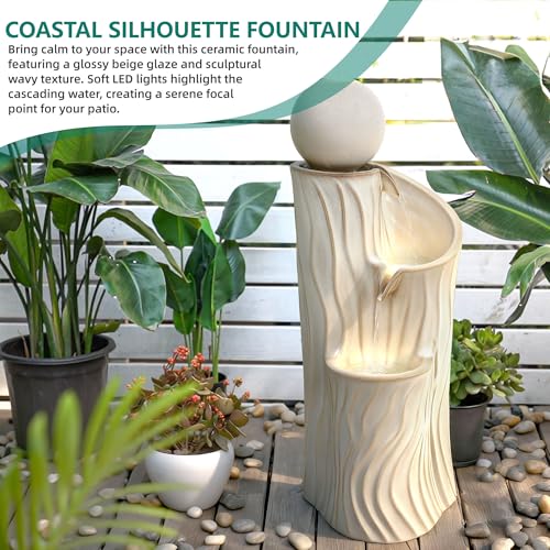 32"Ceramic 3 Tier Sphere Outdoor Water Fountain (Beige Glaze Wave Texture 32"h-sphere)