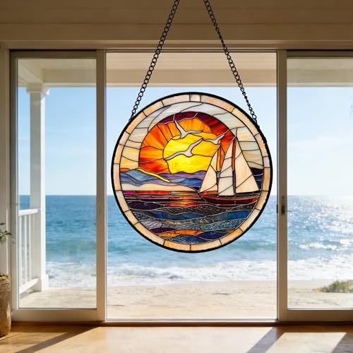 Ocean Sailboat At Sunset Stained Glass Window Hanging Suncatcher Gifts 6.3"
