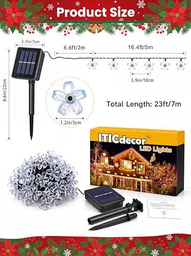Solar Flower String Lights Outdoor Waterproof 50 LED Fairy Lights (Red & Green / 1 Pack)