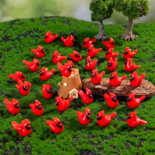 60pc Mini ResinRed Cardinal Bird Figurines 6 Styles Tiny Cardinal Resin Red Bird Figurines Christmas Ornaments for Xmas Gift Mini Garden Cake Topper Christmas Decoration (Cardinal Bird-60p)