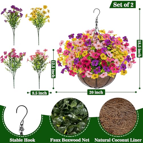 2 Sets Artificial Hanging Plants Flowers Basket Outdoor (Red Purple Yellow Rose Red - 2 Sets)